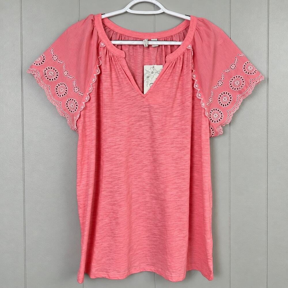 Cato Southern Charm Top 14/16W Coral Eyelet Flutter Sleeve New